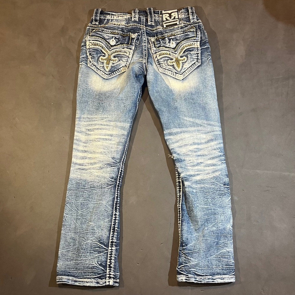 Rock Revival Ander Slim Straight Distressed Jeans Mens 30x29 Flap Whiskers